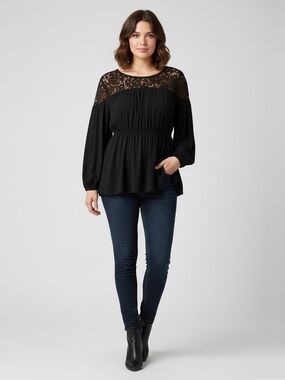 Torrid Black Lace Yoke Babydoll Blouse Plus Size 10 Long Sleeve NWT